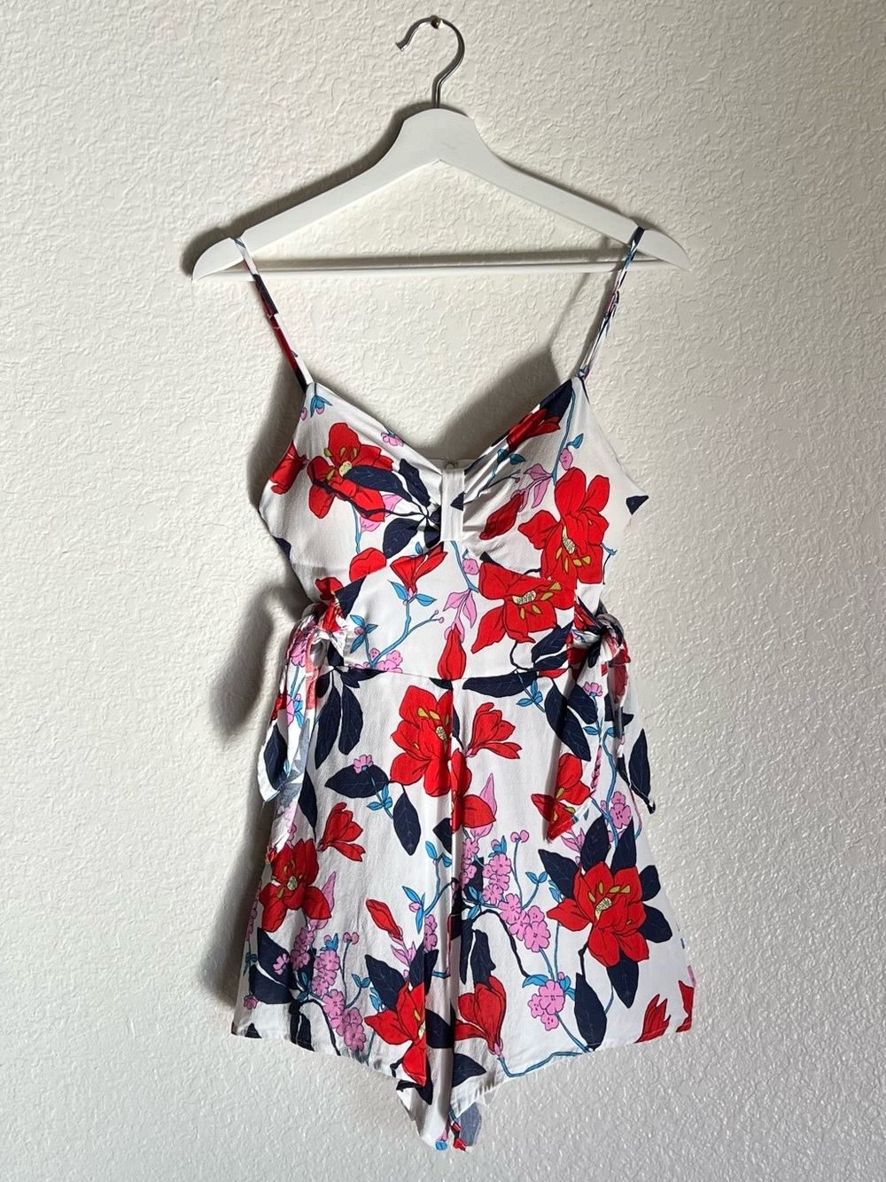 Gianni Bini White Romper with Red & Navy Floral Accents